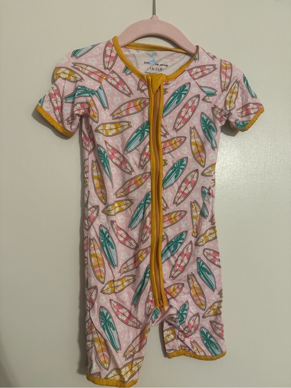 Little Me Pink Surfboard Print Zip Romper with Mustard Trim